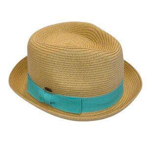 Charming Charlie Women's Tan Paper Straw Woven Fedora With Turquoise Bow Band